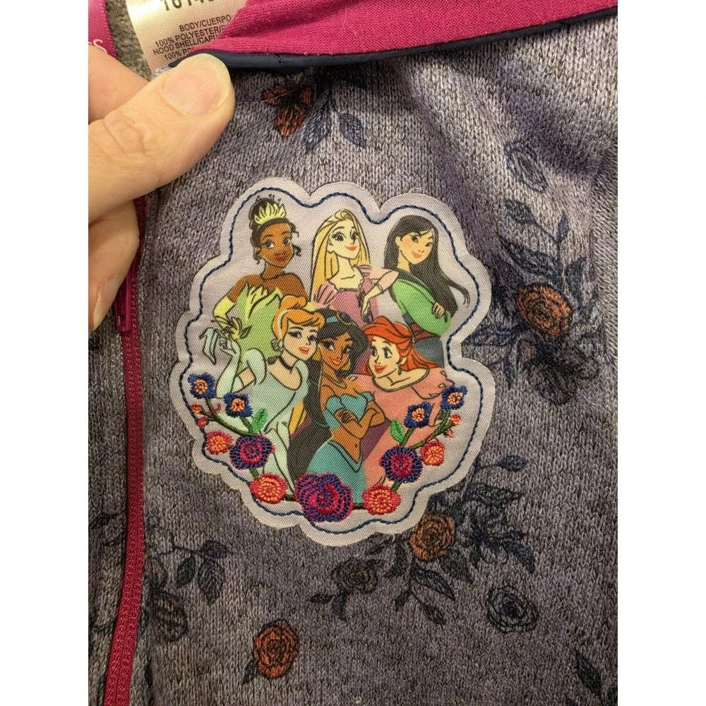 Disney Princess Girls Size 7 Hooded Fleece Jacket Floral Full Zip Tiana Ariel